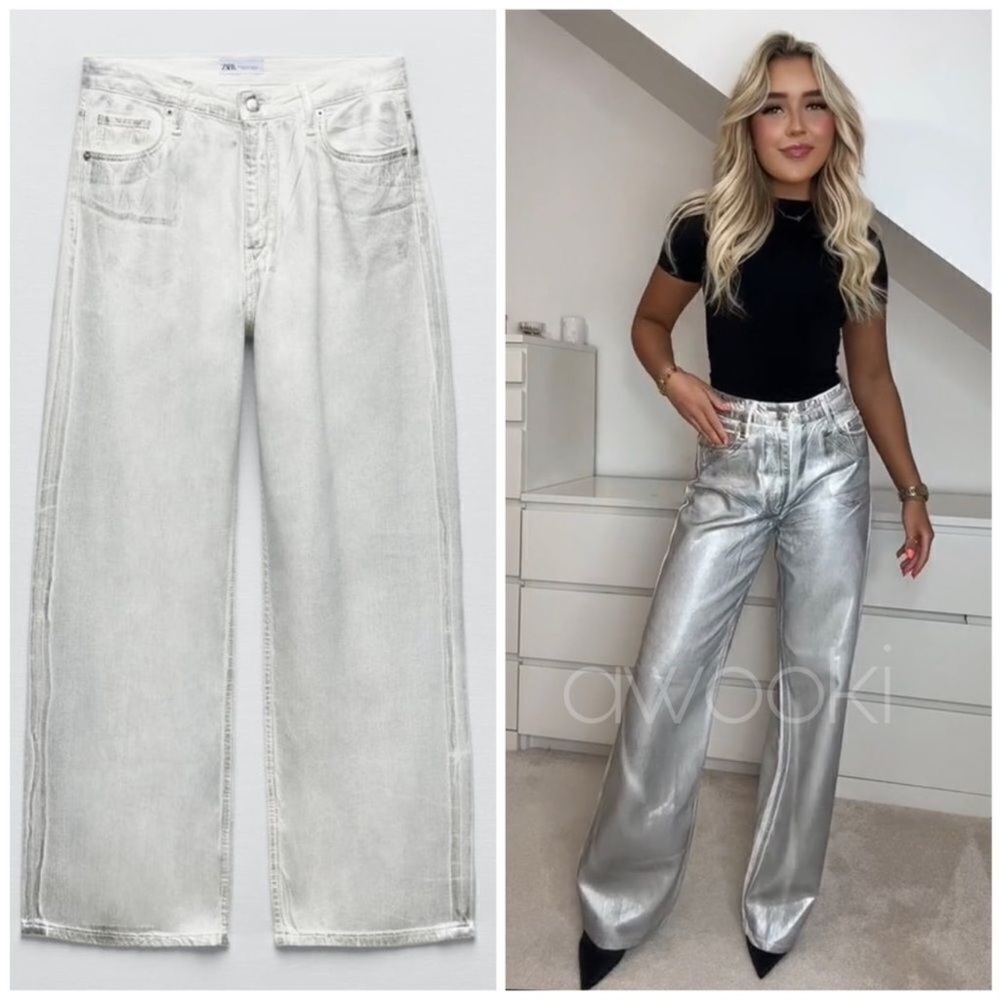 Zara Stylish Gray Silver Metallic Jeans size 6 NWT